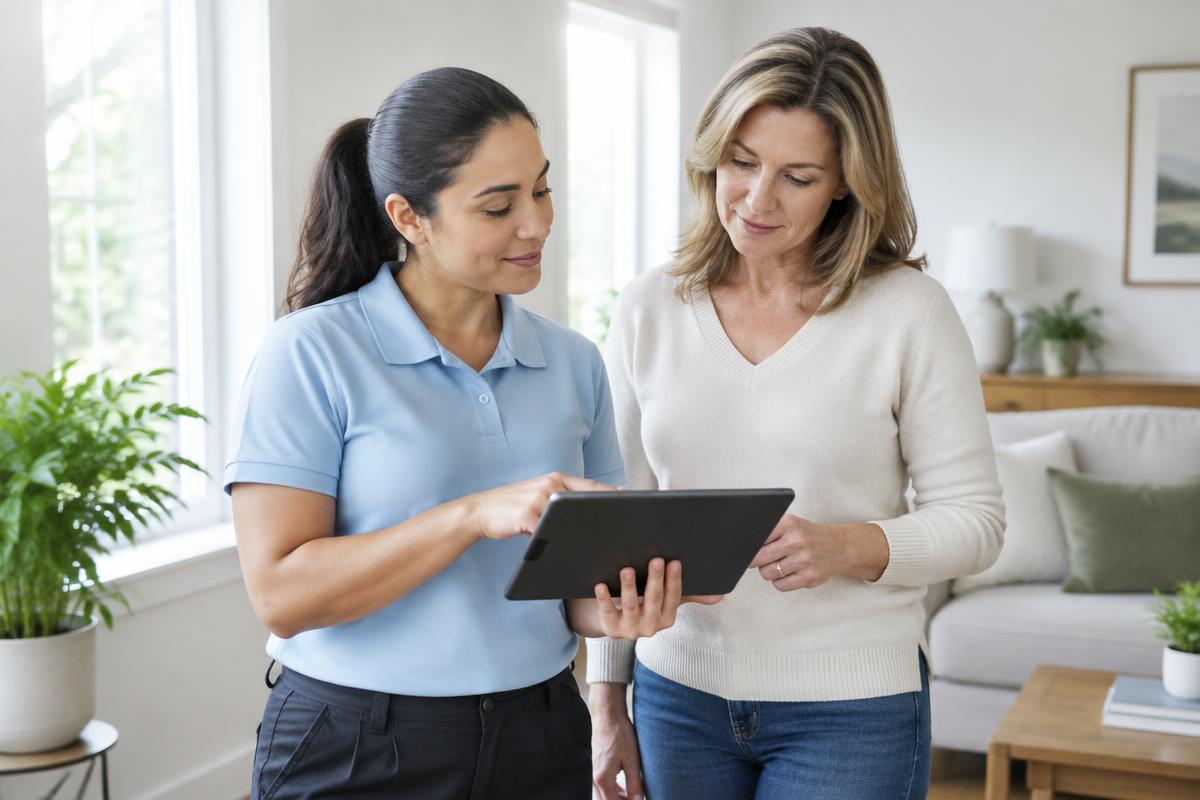 Illustrative professional and homeowner reviewing a tablet during a final walkthrough