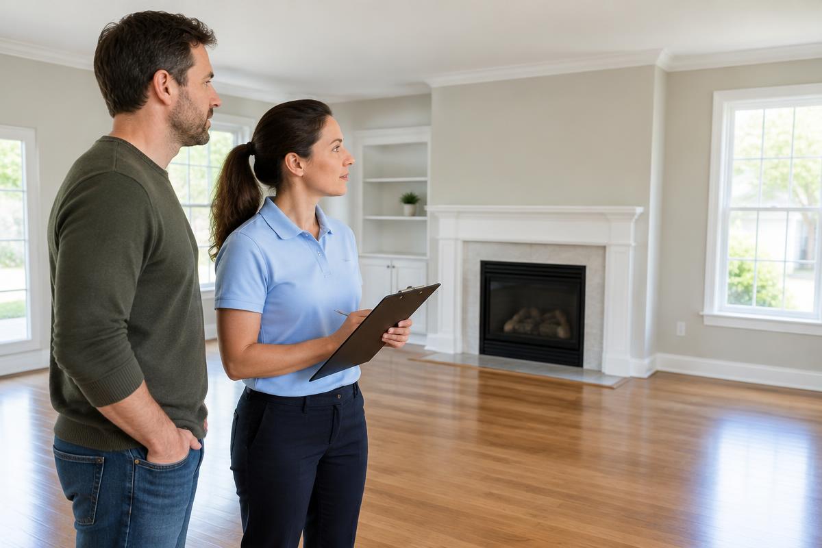 Illustrative assessor reviewing a clean residential room with a homeowner