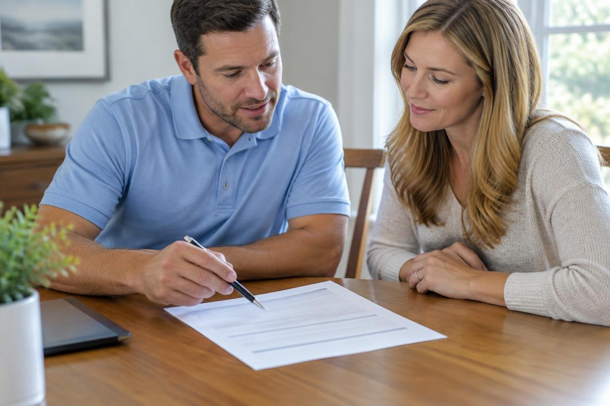 Illustrative professional explaining a written estimate to a homeowner