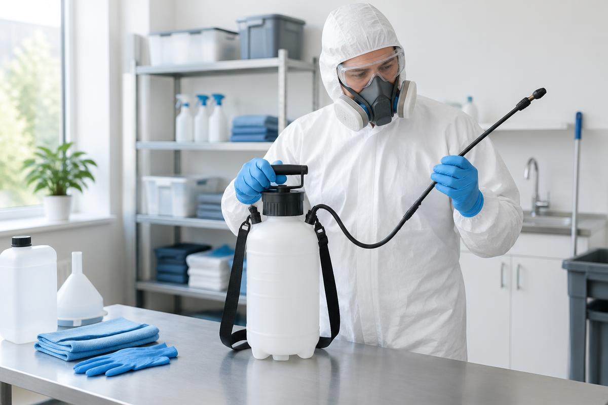 Illustrative technician in protective equipment checking a clean sanitation sprayer