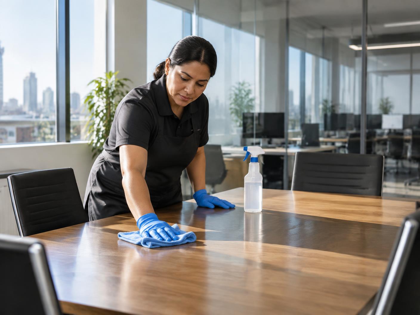 Cleaner wiping a conference table in a bright modern office