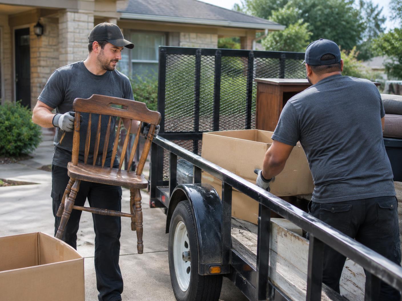 Workers loading unwanted furniture and boxes into a utility trailer outside a home