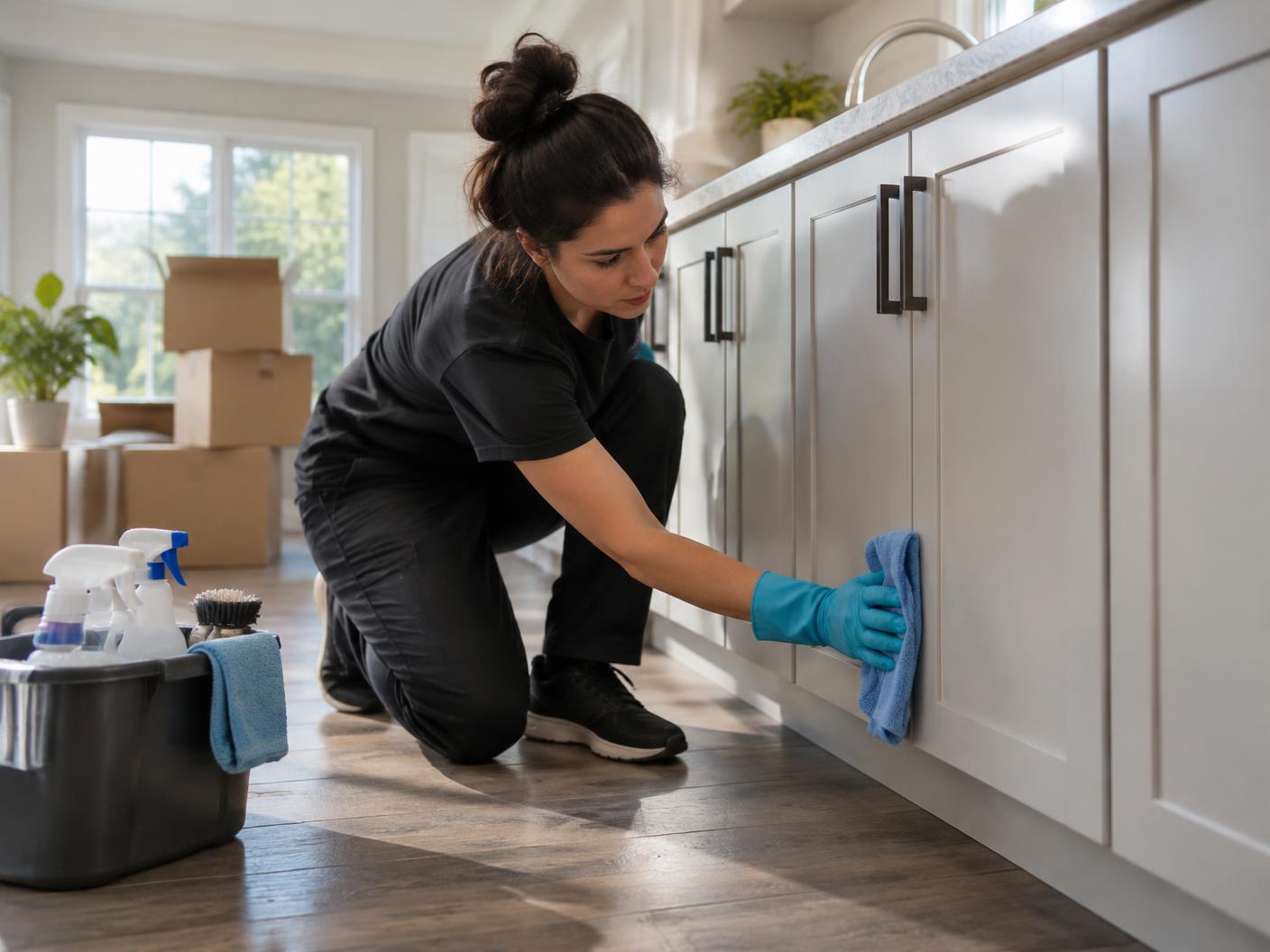 Cleaner wiping kitchen cabinet fronts in a nearly empty moving home