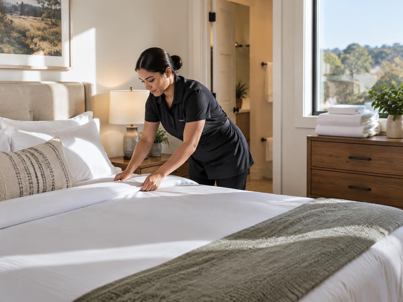 Cleaner smoothing fresh bed linens in a short-term rental guest room