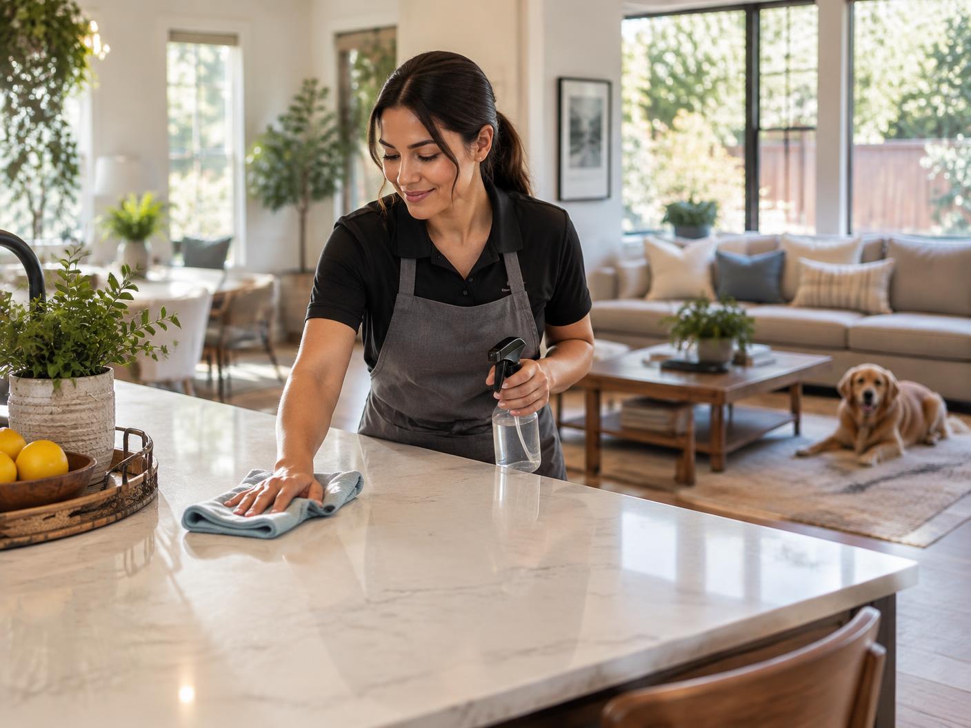Cleaner wiping a family kitchen island with a microfiber cloth in daylight