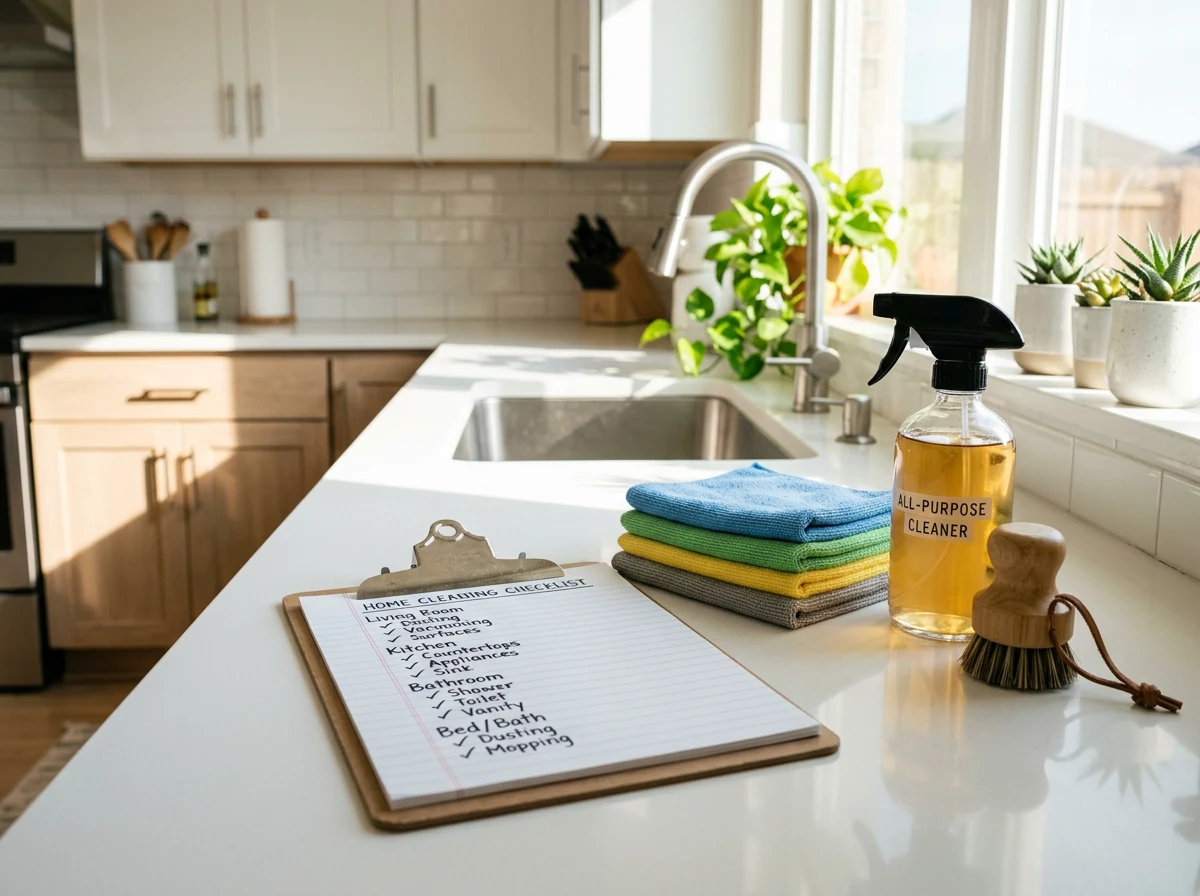 Detailed home cleaning checklist with microfiber cloths and professional supplies