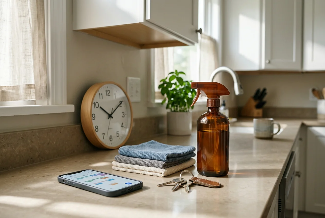 Cleaning appointment calendar, keys and supplies on a bright kitchen counter