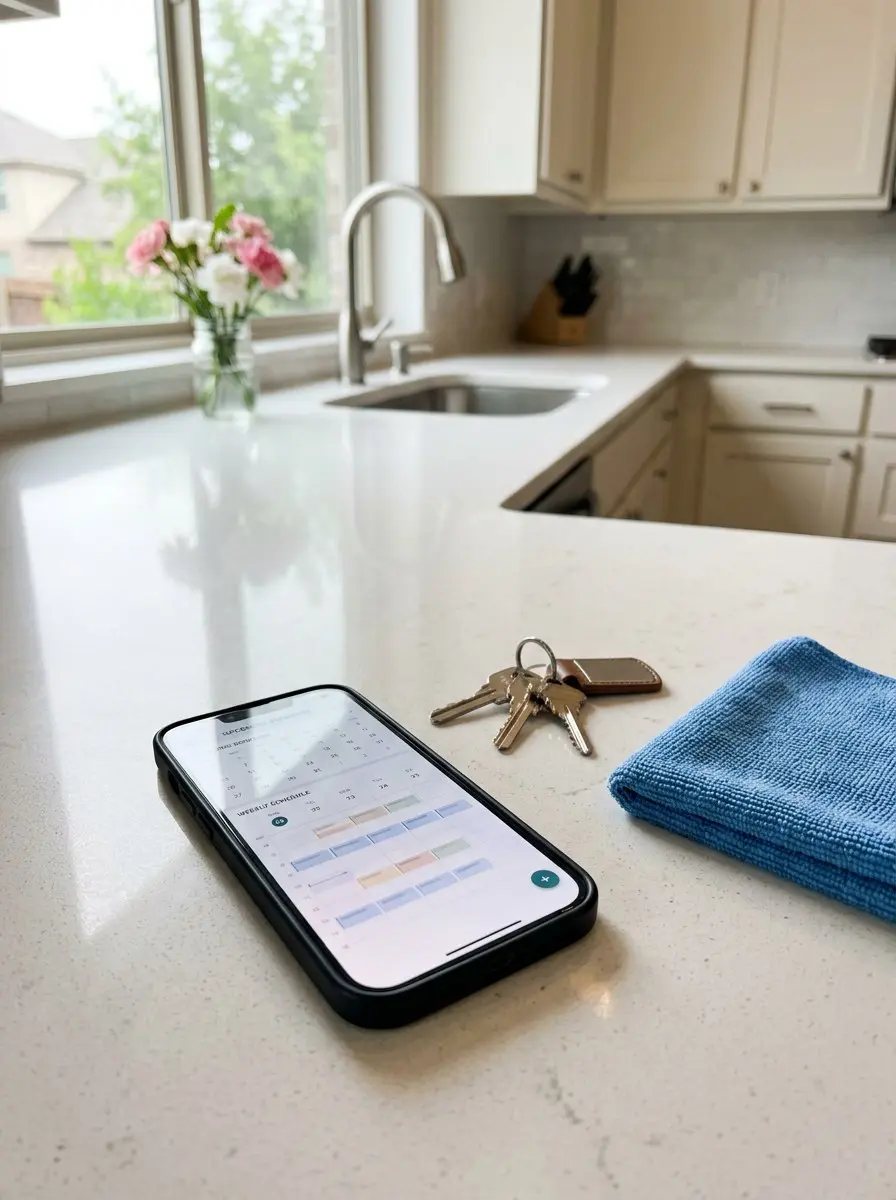 Phone resting on a quartz kitchen counter beside house keys and a blue cleaning cloth