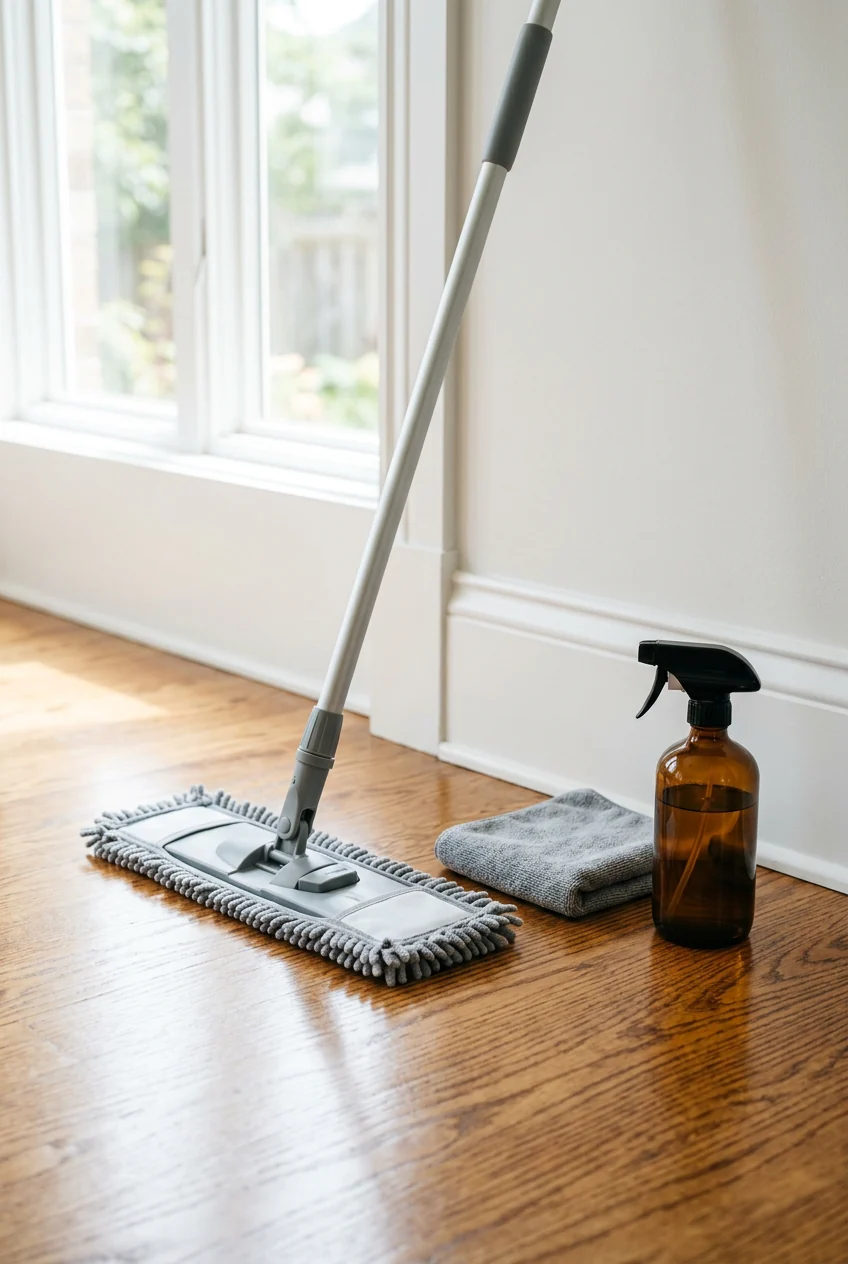 Professional microfiber mop, cloth and spray bottle beside a freshly cleaned hardwood floor
