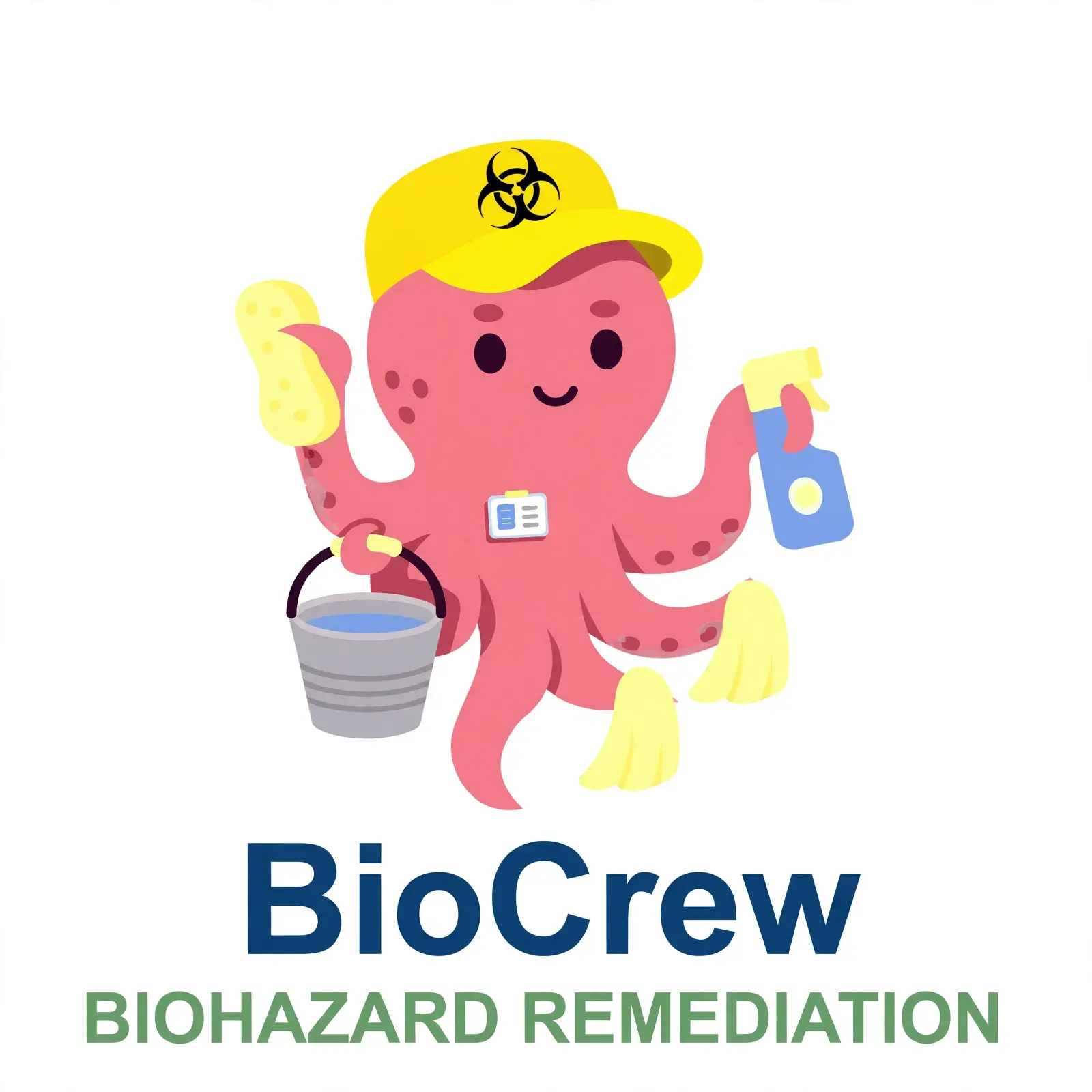BioCrew pink Octo mascot in a yellow cap above the biohazard remediation wordmark